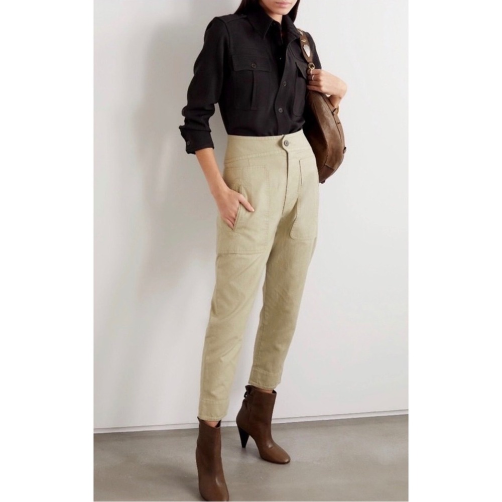 Isabel Marant Etoile Raluni Khaki Green Cotton Linen‎ Utility Tapered Pants 34